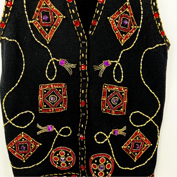 Vintage Claudia D Christmas Sweater Vest Black Embellished Beaded Size Medium - Picture 3 of 8